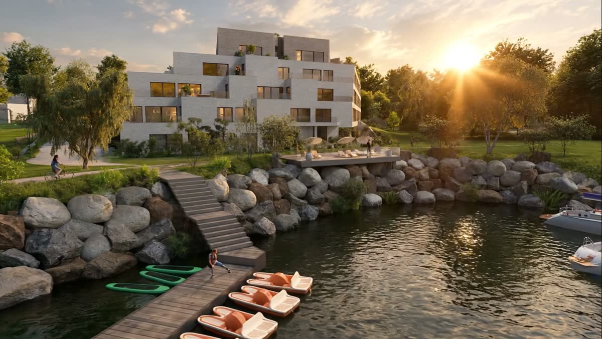 Wizualizacja inwestycji od strony pomostu, apartament A.12