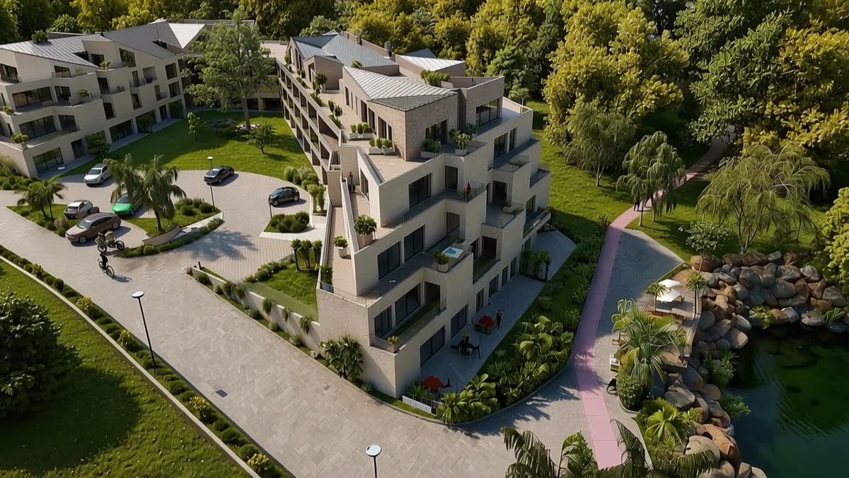 Teren inwestycji z lotu ptaka, apartament B.04