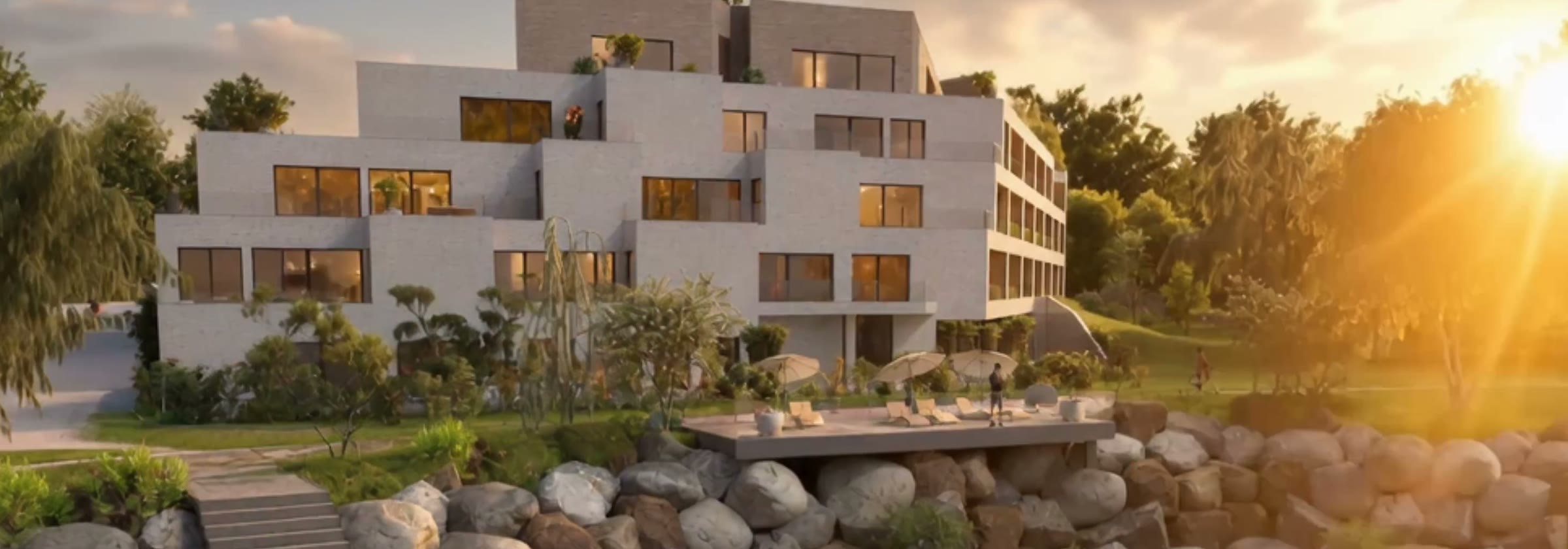 Elewacja budynku od strony jeziora, apartament A.11